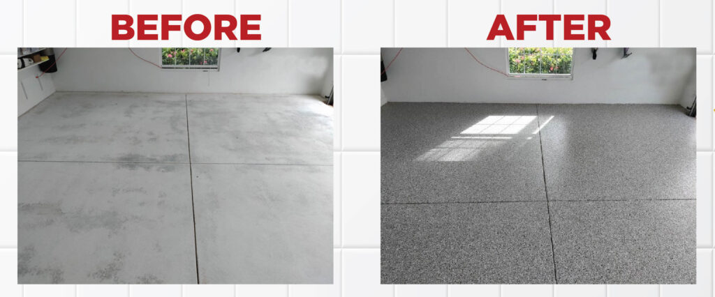 Before and after photo of garage floor refinishing for Recolor Your Grout Restoration System